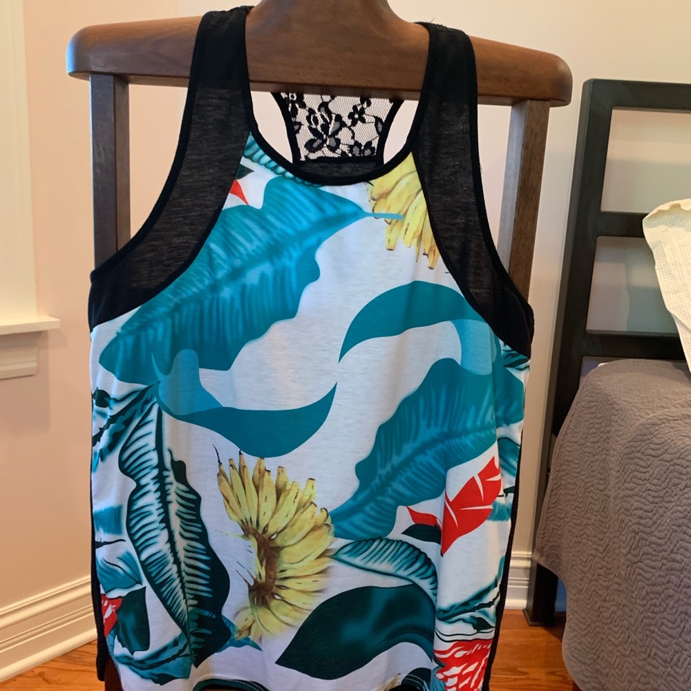 Lace detail tropical flower print tank